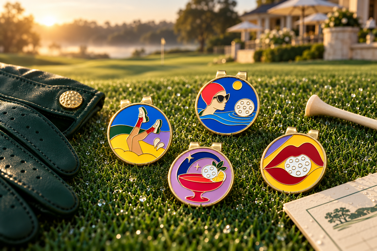 The Femmes golf ball markers: Lip Service, Water Hazard, Bunker Babe and Last Round