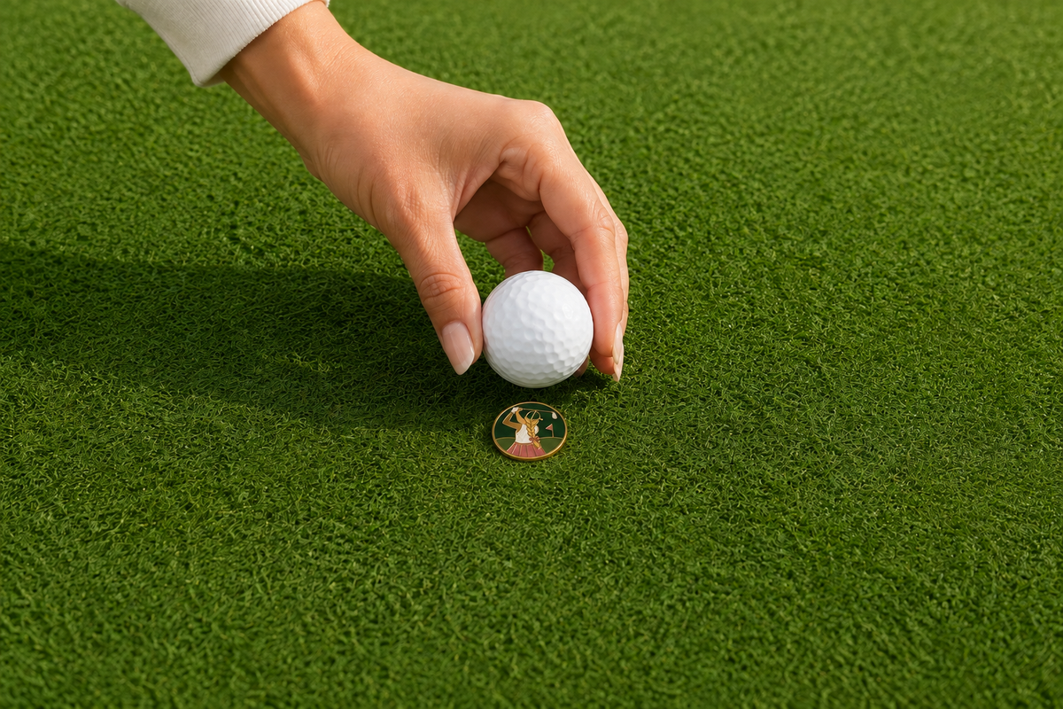 What is a golf ball marker and how to use one, with a Fore & Femme gold-plated ball marker