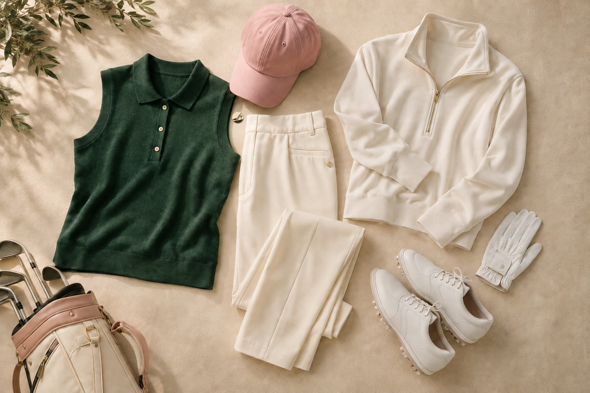 Women's golf outfit flat lay for a first round of golf, with The Tee Heel golf ball marker