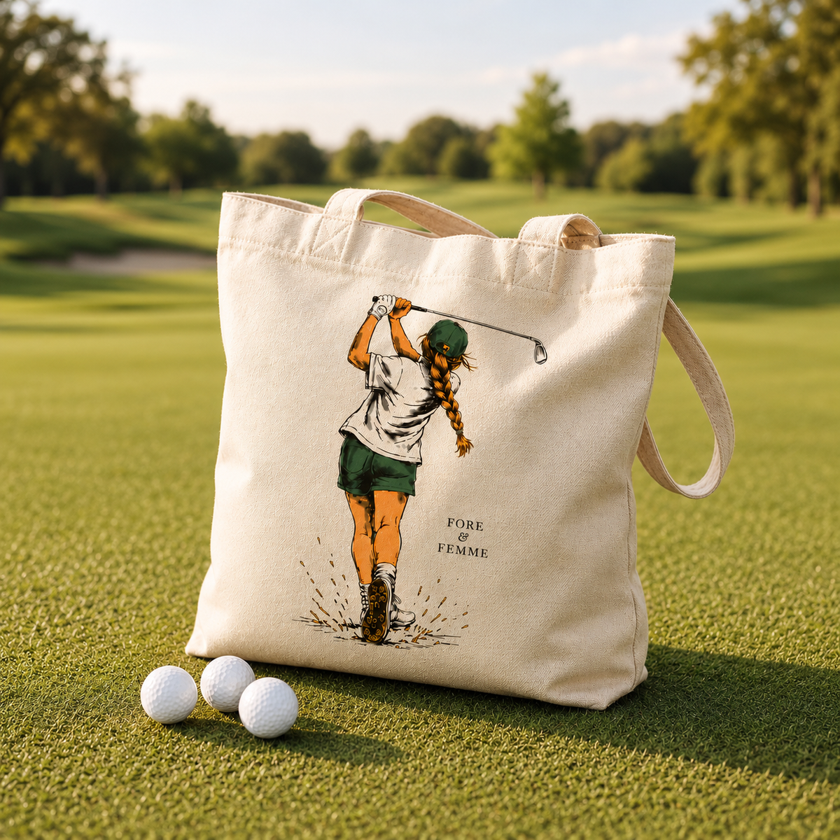 The Swing Tote, a Fore & Femme canvas golf tote bag on the fairway