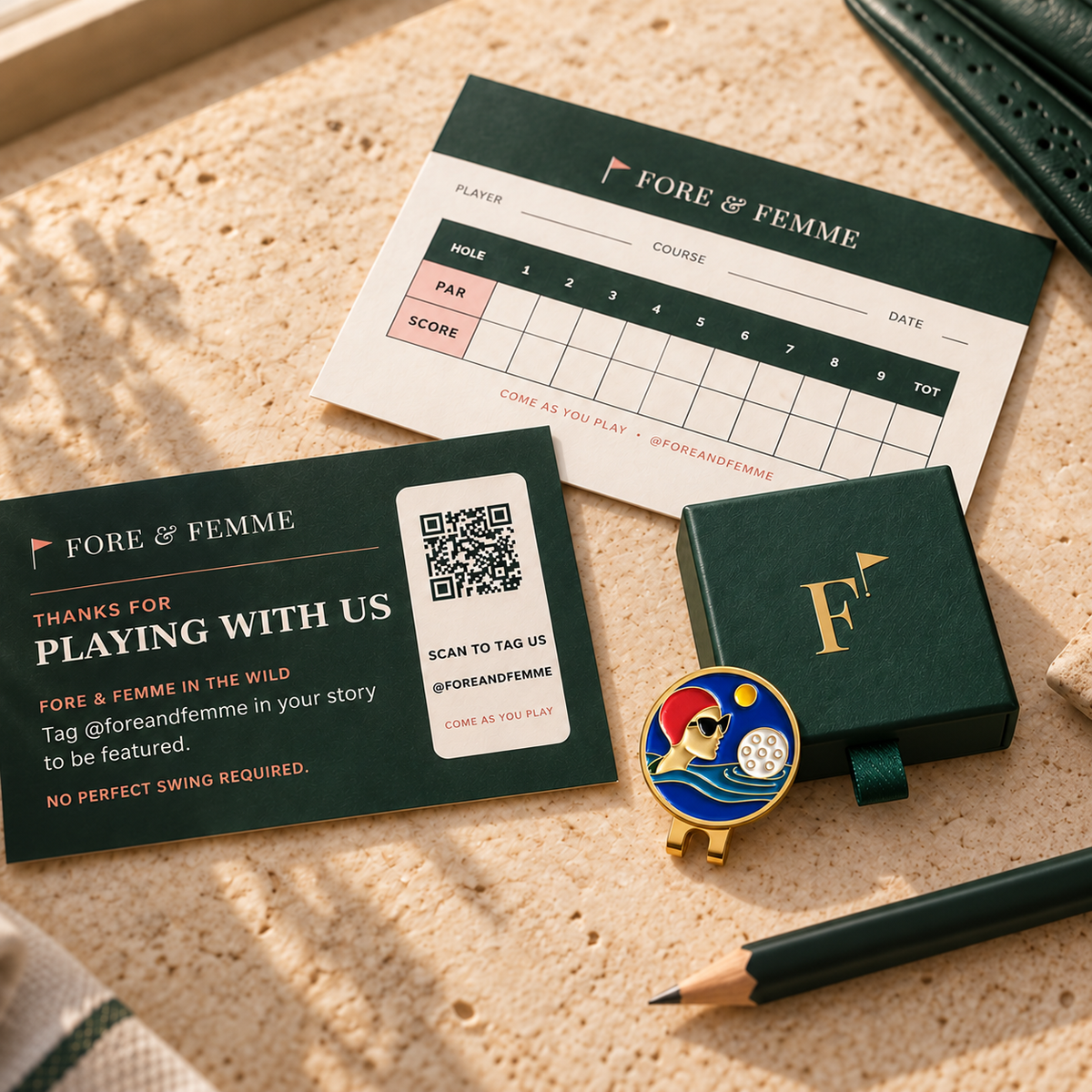 Water Hazard golf ball marker in its Fore & Femme gift box