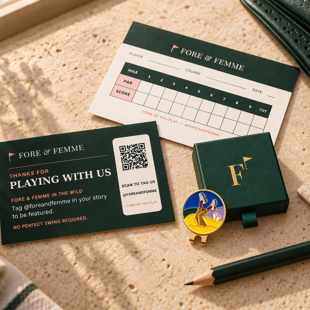 Bunker Babe golf ball marker in its Fore & Femme gift box