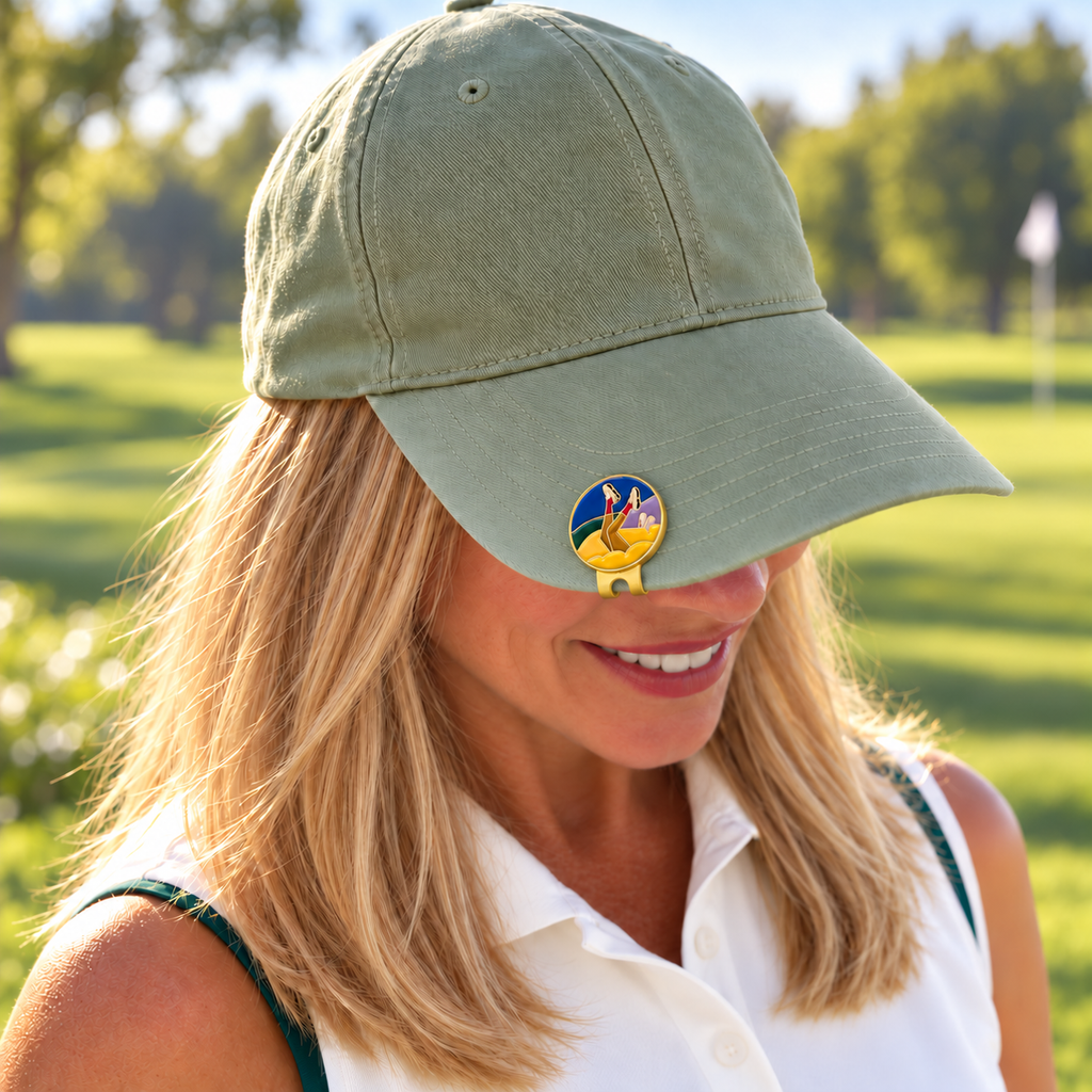 Woman wearing a sage green golf cap with the Bunker Babe ball marker clipped on, on a sunny golf course