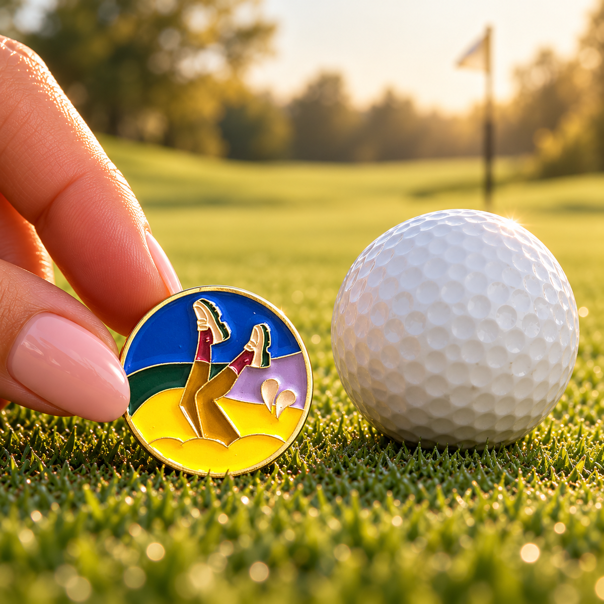 Bunker Babe golf ball marker by Fore & Femme on the putting green
