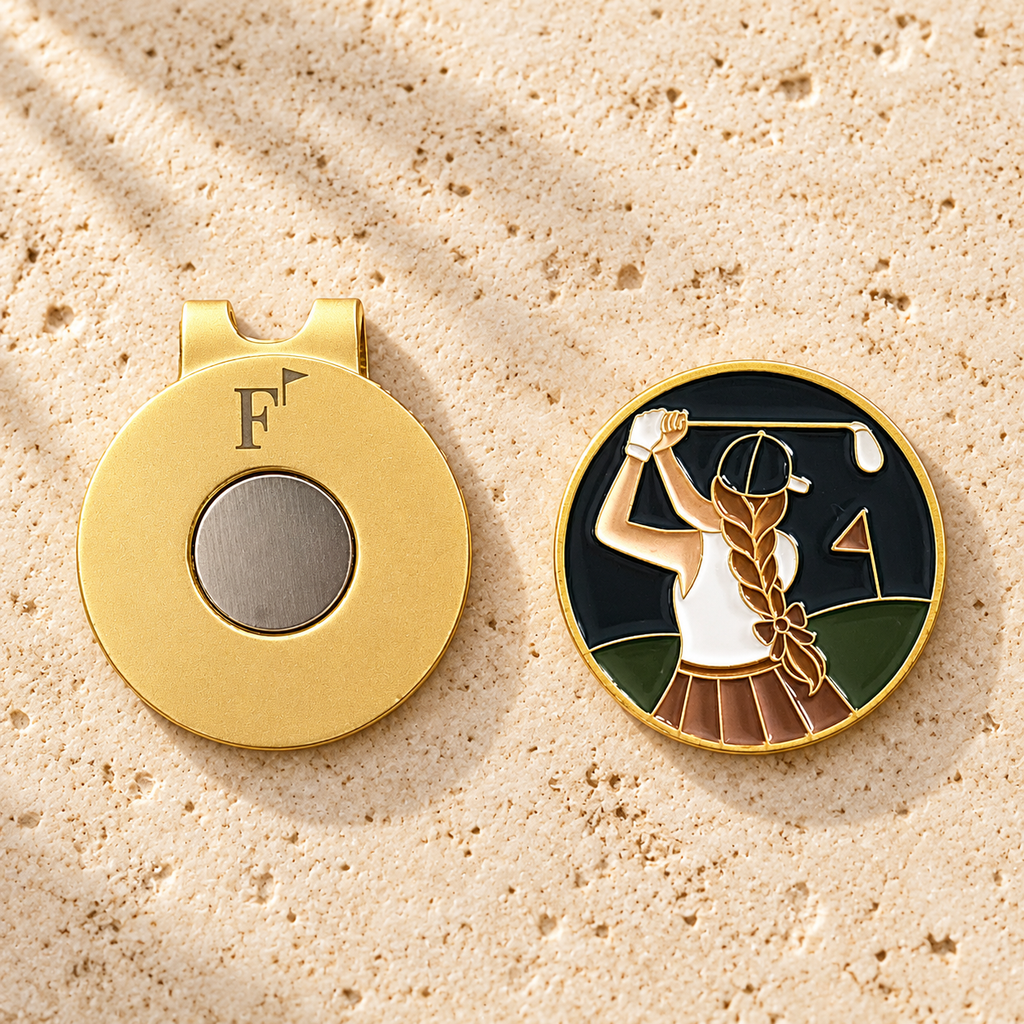 The Follow Through golf ball marker with Fore & Femme magnetic hat clip