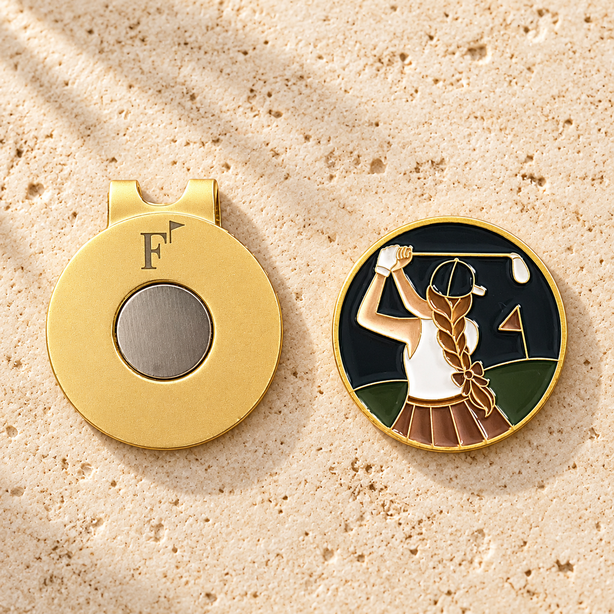 The Follow Through golf ball marker with Fore & Femme magnetic hat clip