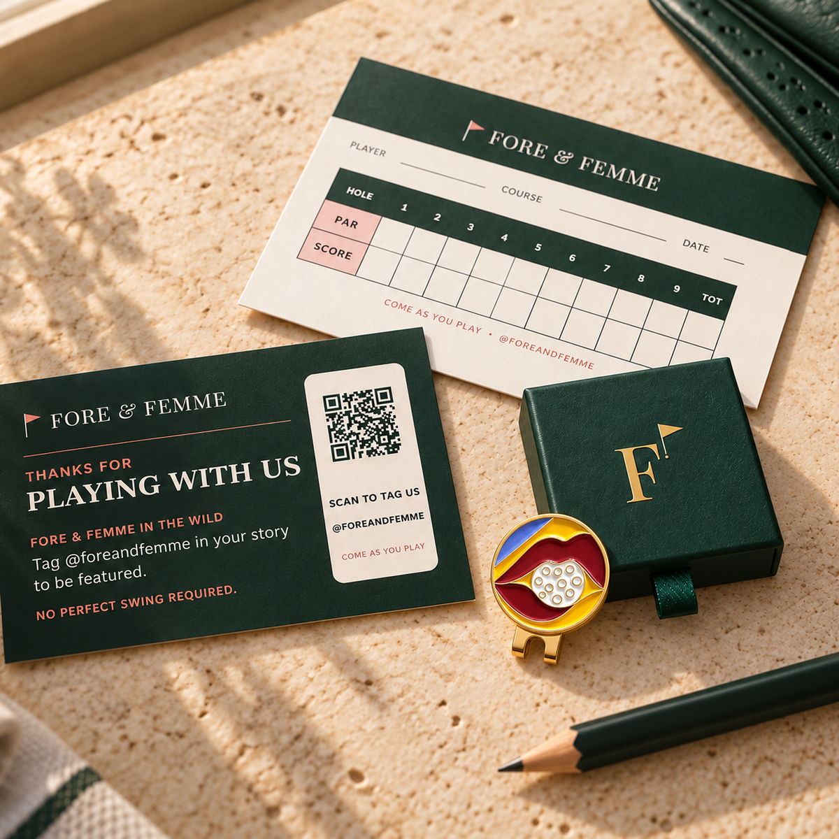 Lip Service golf ball marker in its Fore & Femme gift box