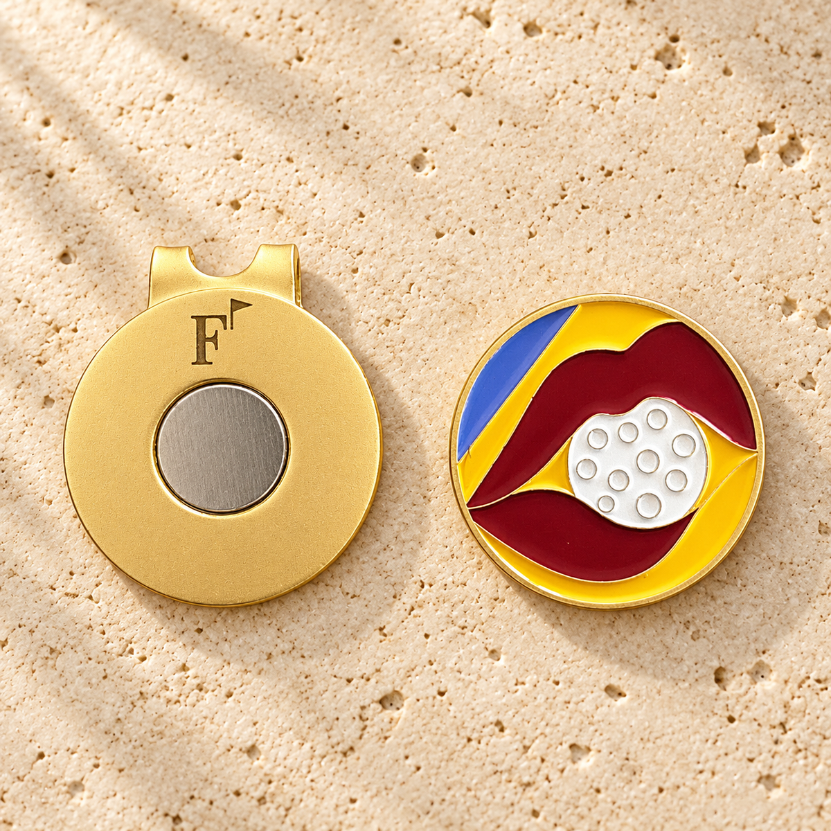 Lip Service golf ball marker with Fore & Femme magnetic hat clip