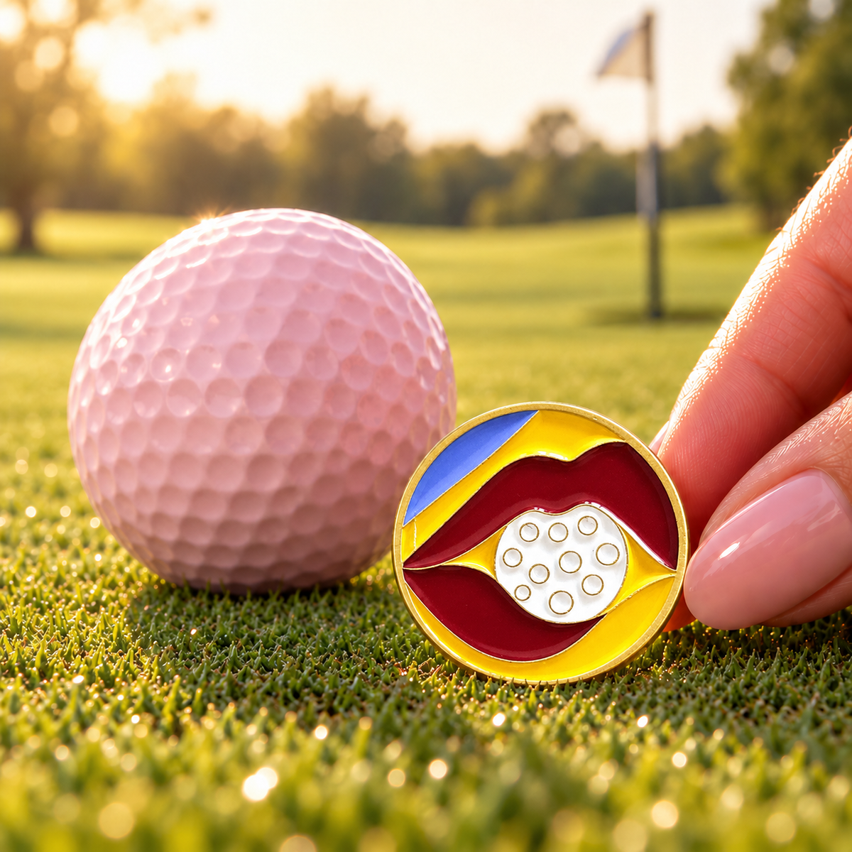 Lip Service golf ball marker by Fore & Femme on the putting green