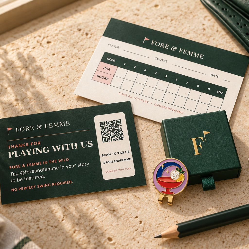 Last Round golf ball marker in its Fore & Femme gift box
