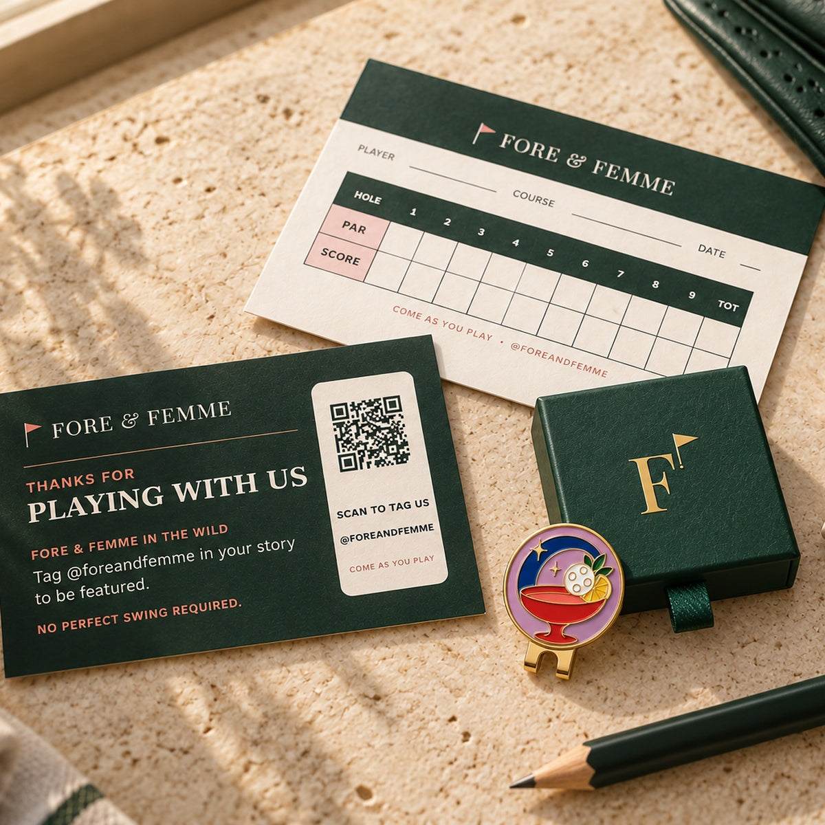 Last Round golf ball marker in its Fore & Femme gift box