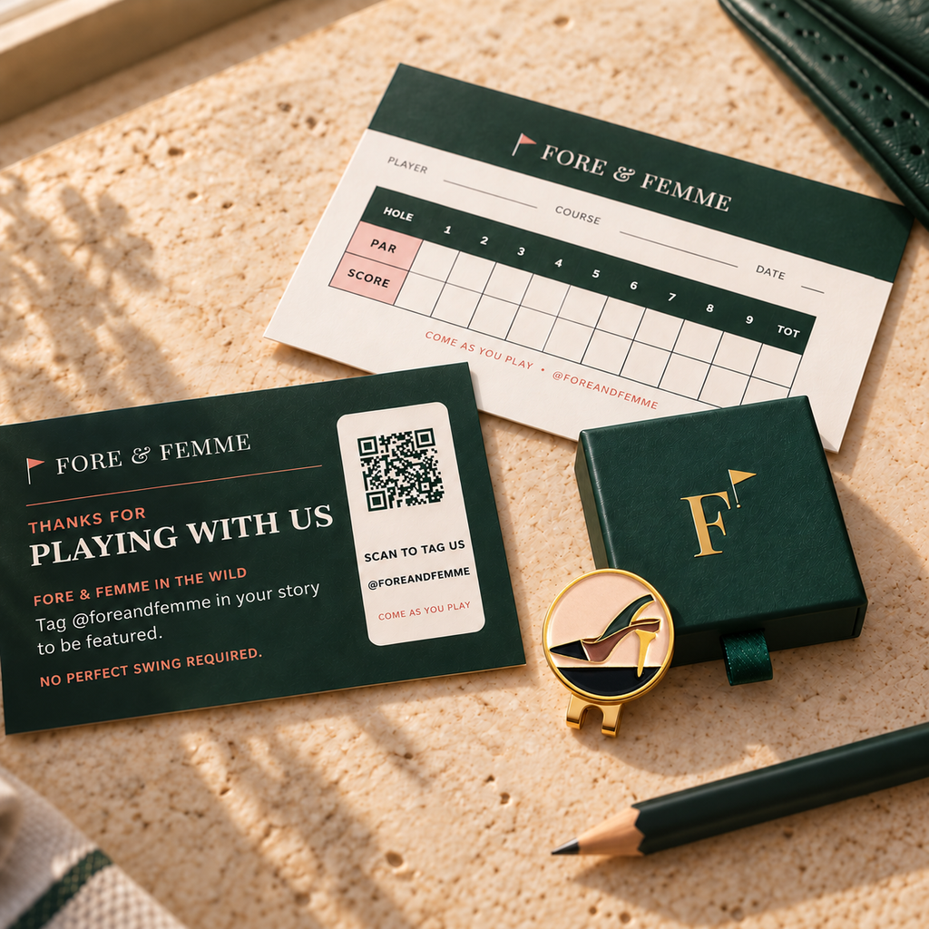 The Tee Heel golf ball marker in its Fore & Femme gift box