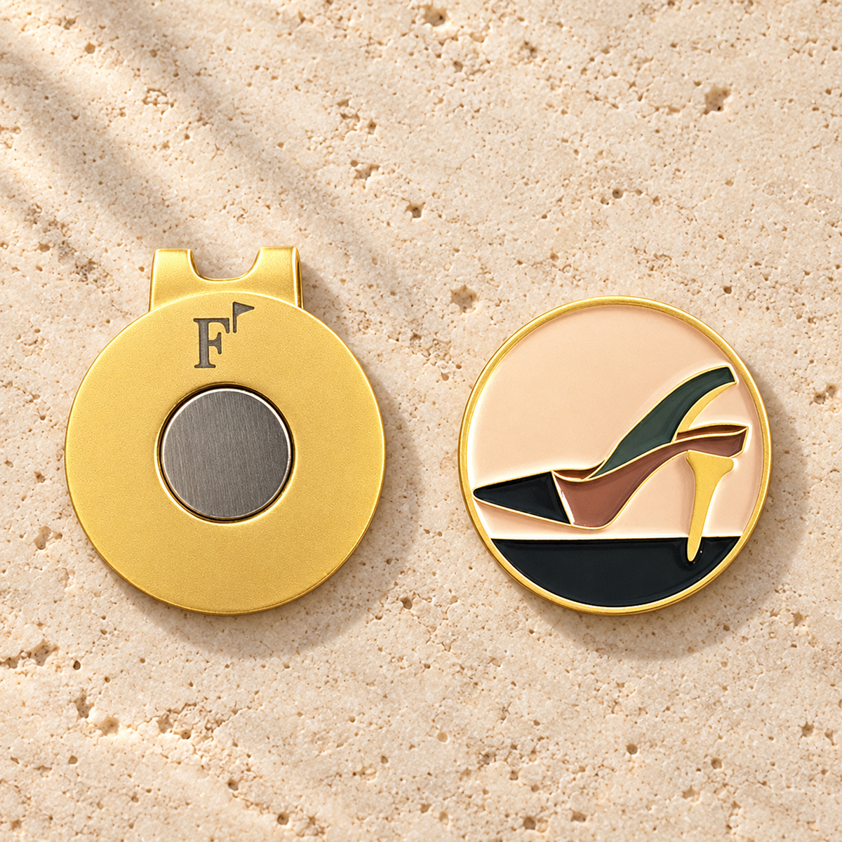 The Tee Heel golf ball marker with Fore & Femme magnetic hat clip