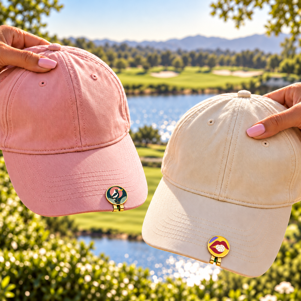 Two golf caps, each with a Fore & Femme ball marker clipped on, The Twosome gift set