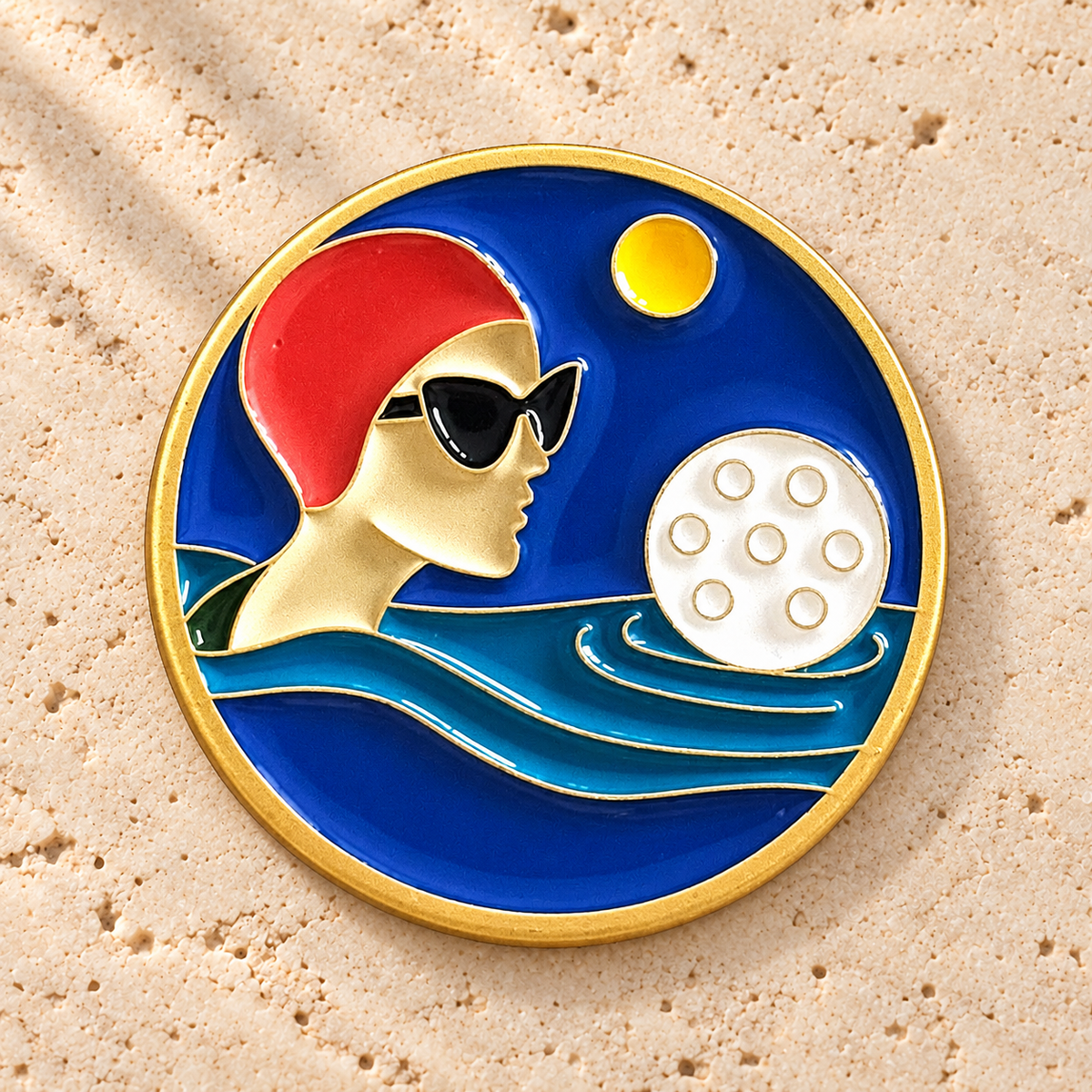 Water Hazard golf ball marker, gold-plated enamel by Fore & Femme