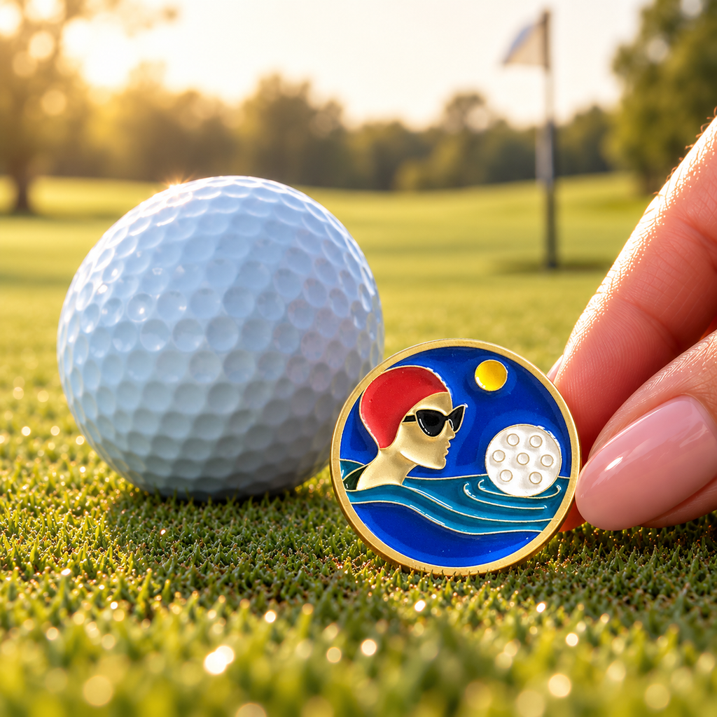 Water Hazard golf ball marker by Fore & Femme on the putting green