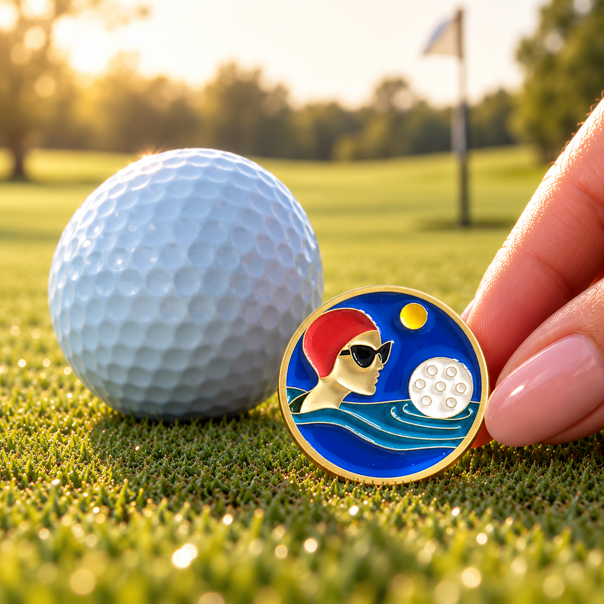 Water Hazard golf ball marker by Fore & Femme on the putting green